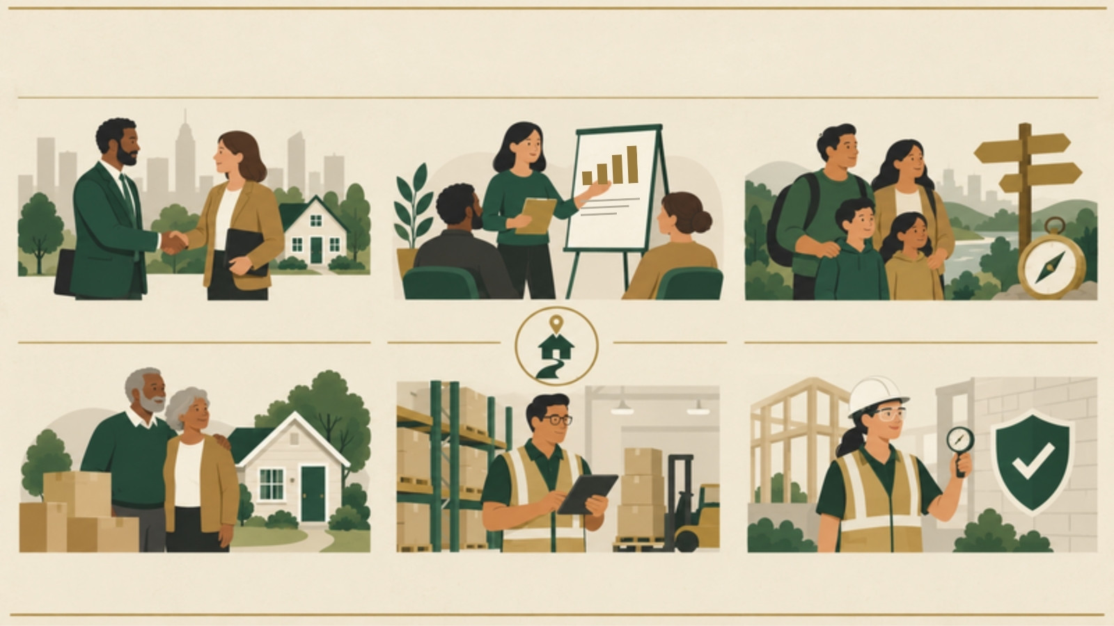 Illustrated snapshot of FORMFIFTY experience: real estate advisory, buyer and seller education, community orientation, senior transitions, federal logistics, and quality assurance inspection.